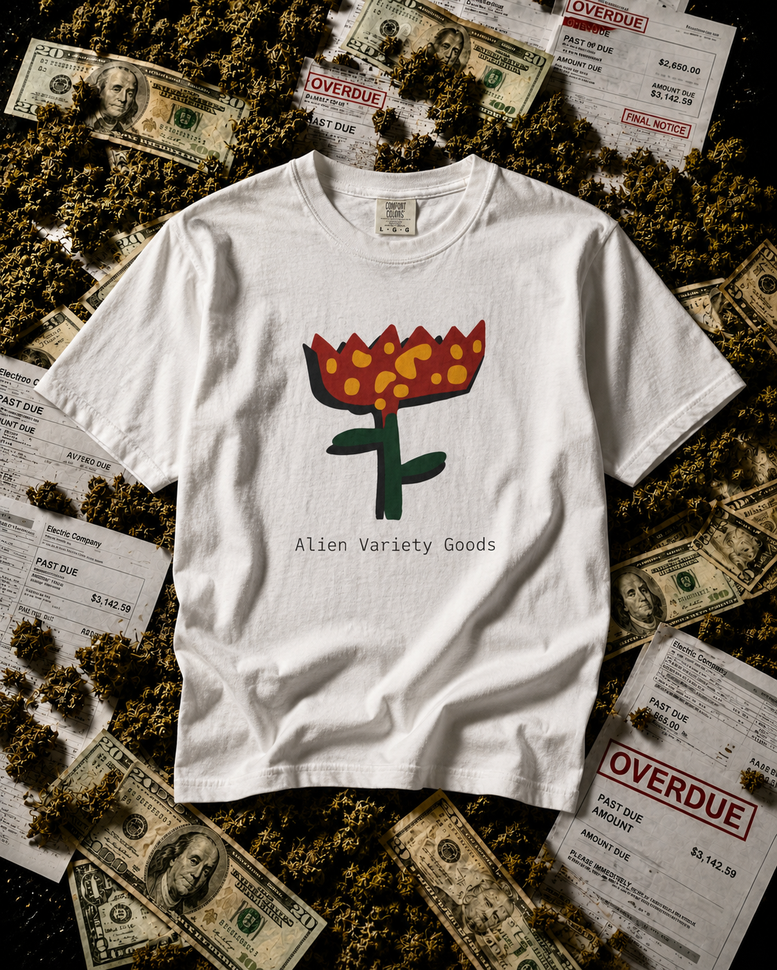 Alien Variety Goods flower tee product shot on cash and overdue bills